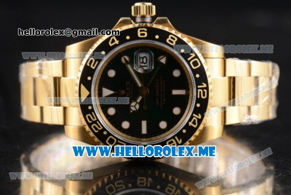 Rolex GMT-Master II Clone Rolex 3186 Automatic Yellow Gold Case/Bracelet with Green Dial and Dot Markers (BP) - Click Image to Close